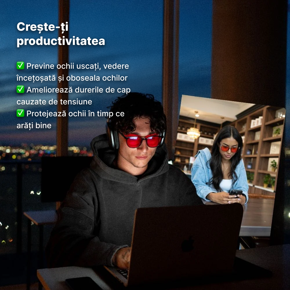 Vue Pro | Ochelari unisex cu lentile roșii care blochează lumina albastră